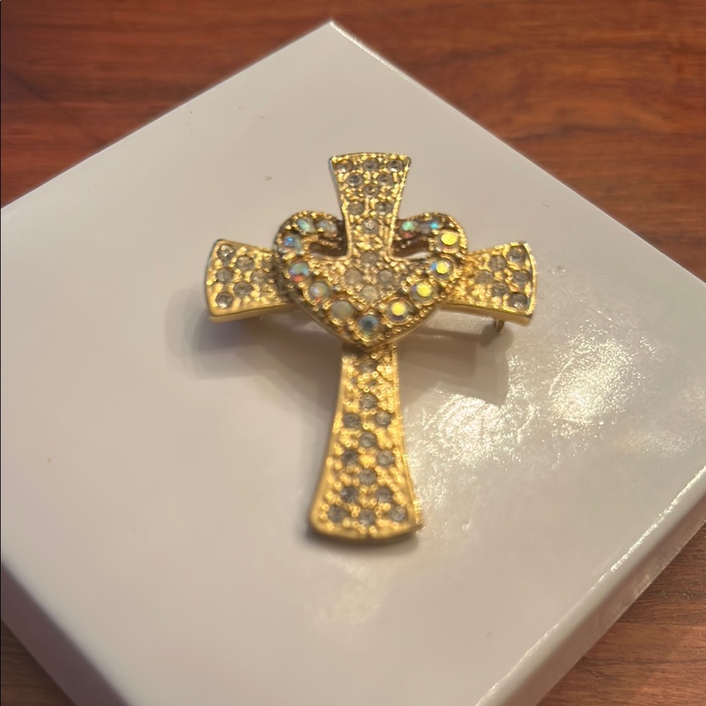 rhinestone brooch cross gold tone religious inspired baroque style